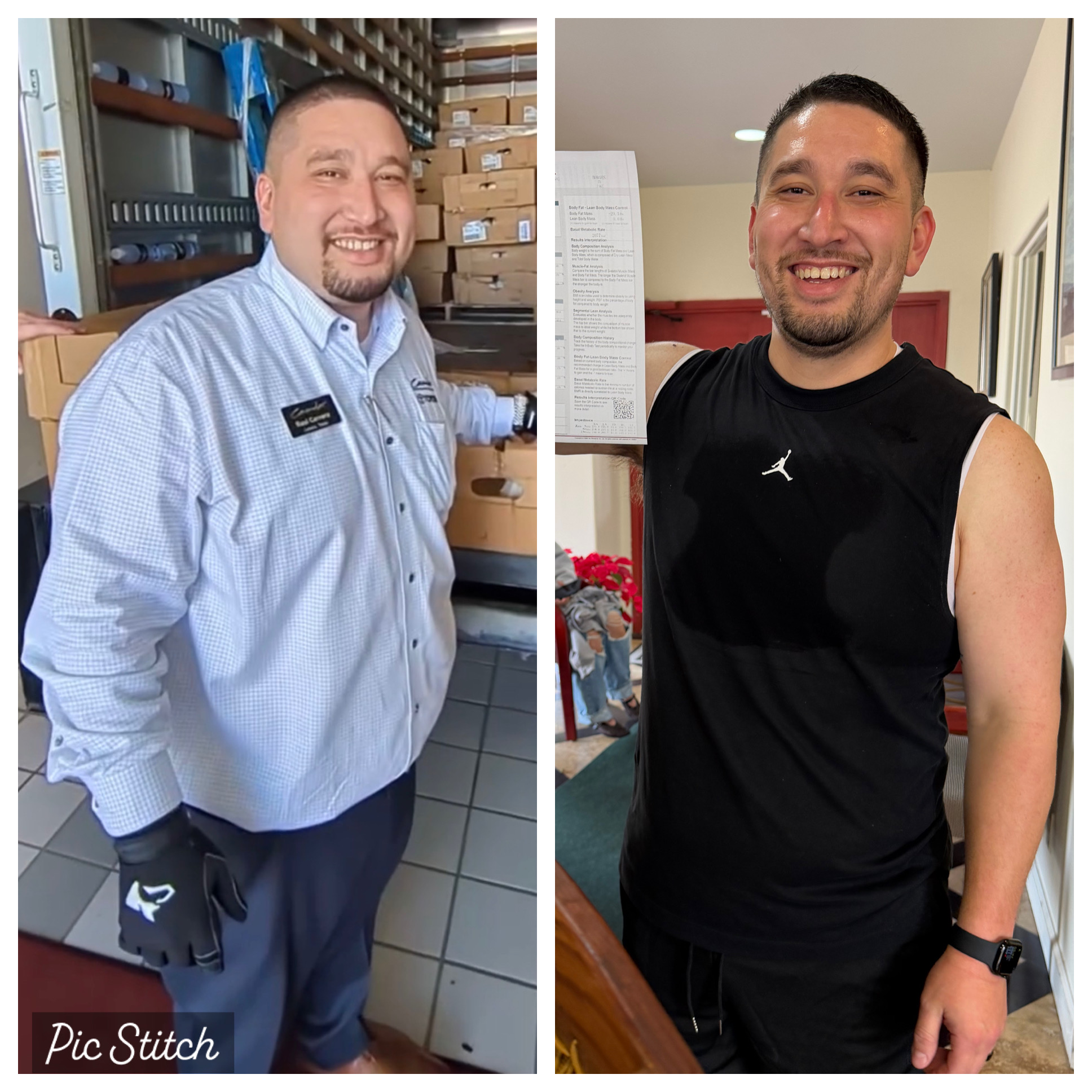 Client transformation — 60 lbs fat lost, 10 lbs muscle gained